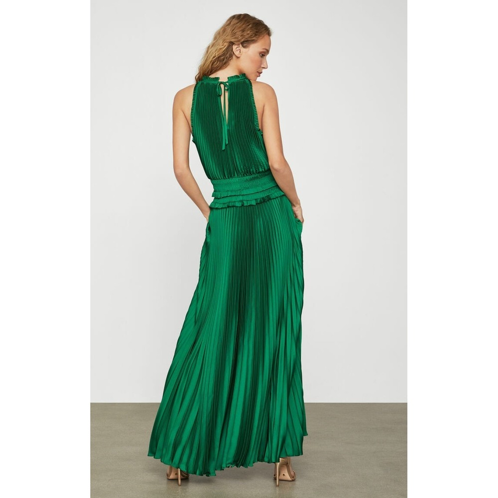 BCBGMAXAZRIA Emerald Green Satin Plisse High-Neck Maxi Dress XXS Pleated Elegant - Picture 13 of 16